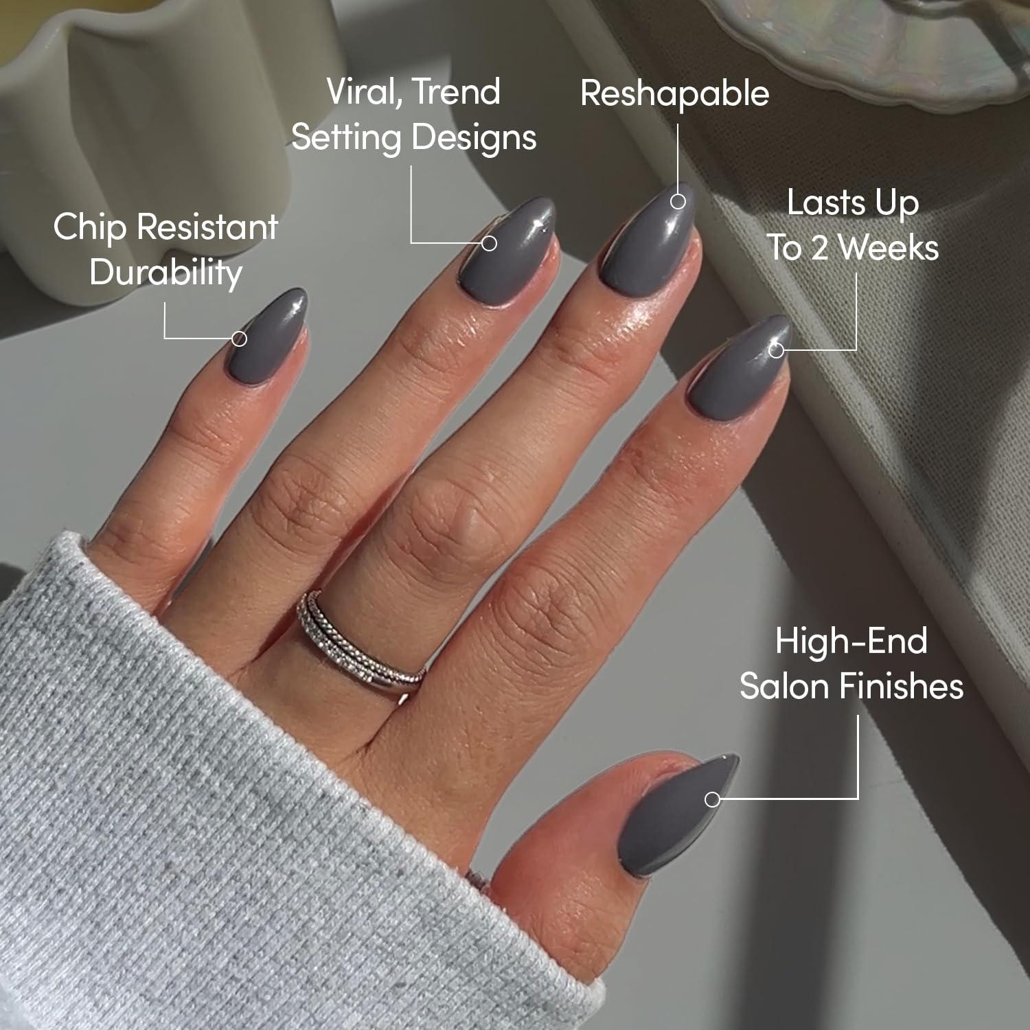 image:imageGlamnetic Press On Nails Short Round Glossy Fake Nails 30 Pc Full KitAsh Gray