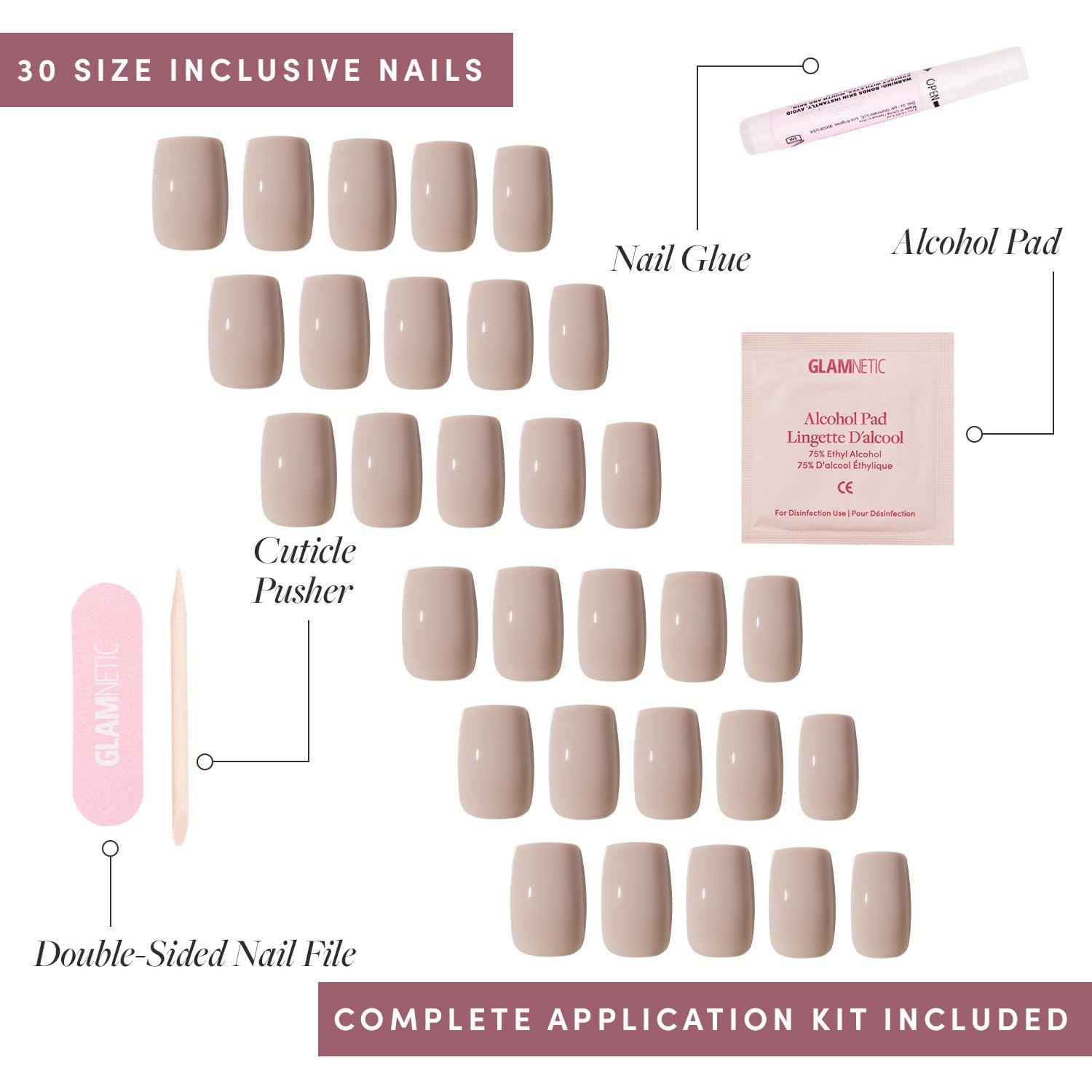 image:imageGlamnetic Press On Nails Short Round Glossy Fake Nails 30 Pc Full KitBare Bliss