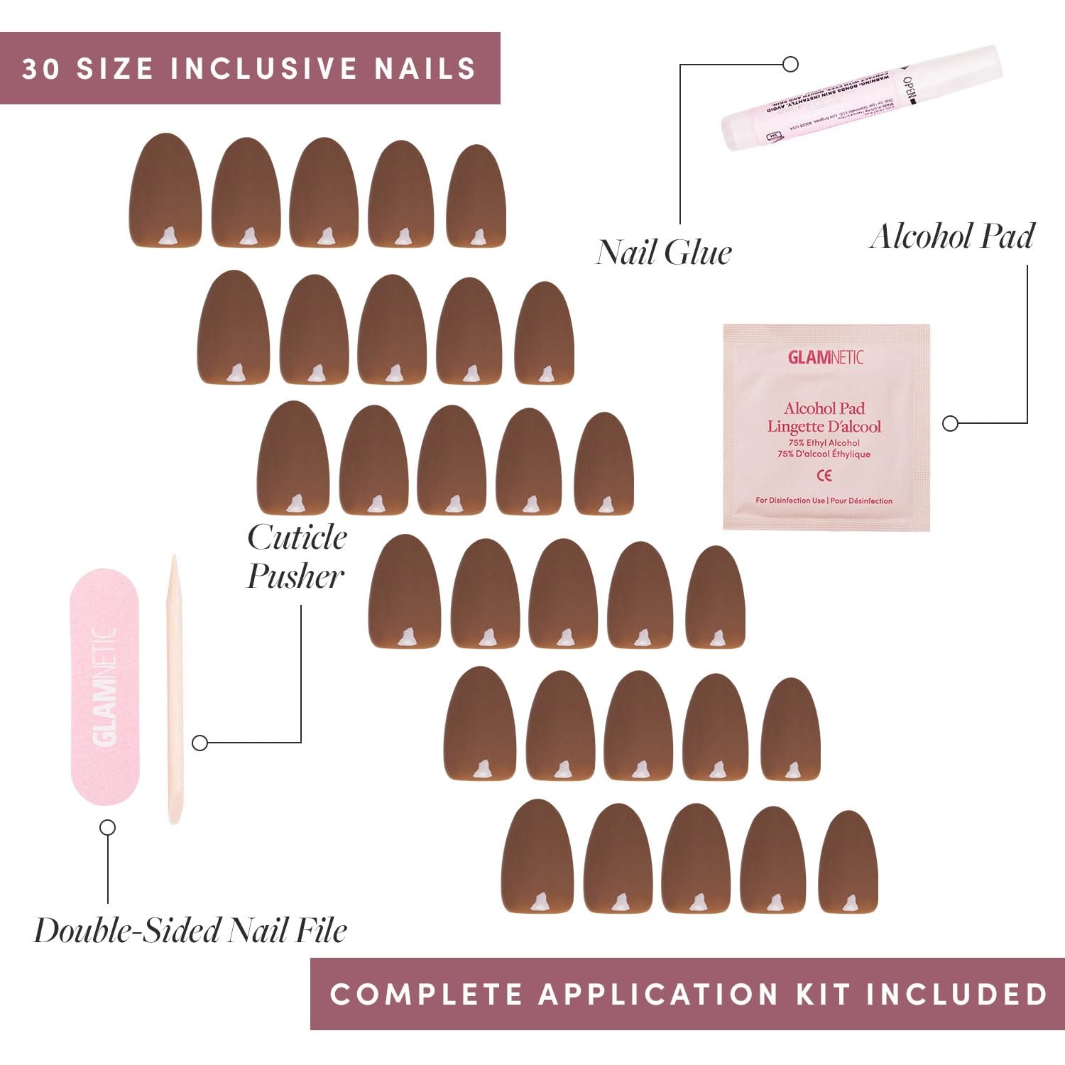image:imageGlamnetic Press On Nails Short Round Glossy Fake Nails 30 Pc Full KitChocolate Brown