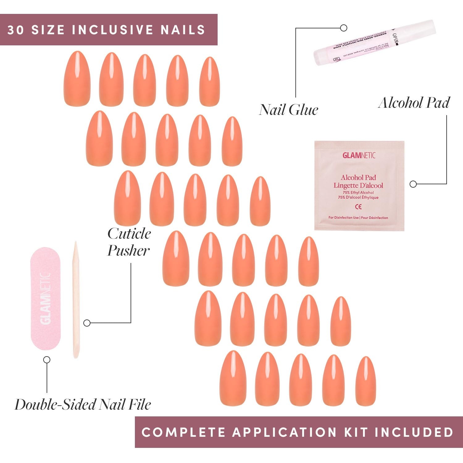 image:imageGlamnetic Press On Nails Short Round Glossy Fake Nails 30 Pc Full KitSoft Tangerine