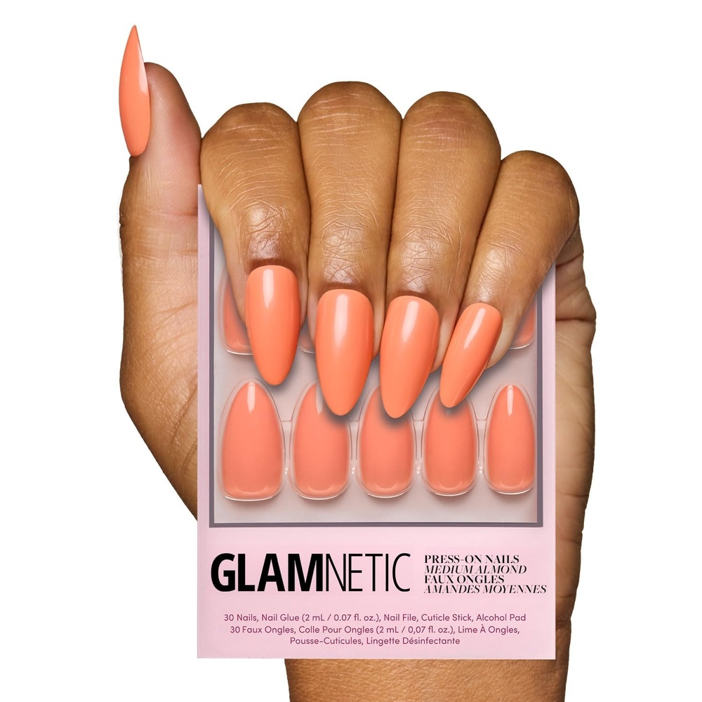 image:imageGlamnetic Press On Nails Short Round Glossy Fake Nails 30 Pc Full KitSoft Tangerine
