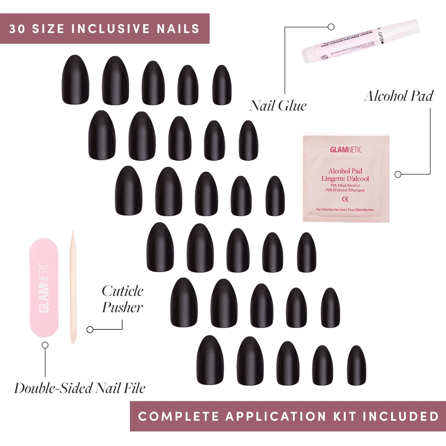 image:imageGlamnetic Press On Nails Medium Square Glossy Fake Nails 30 Pc Full KitBoba Black Solid