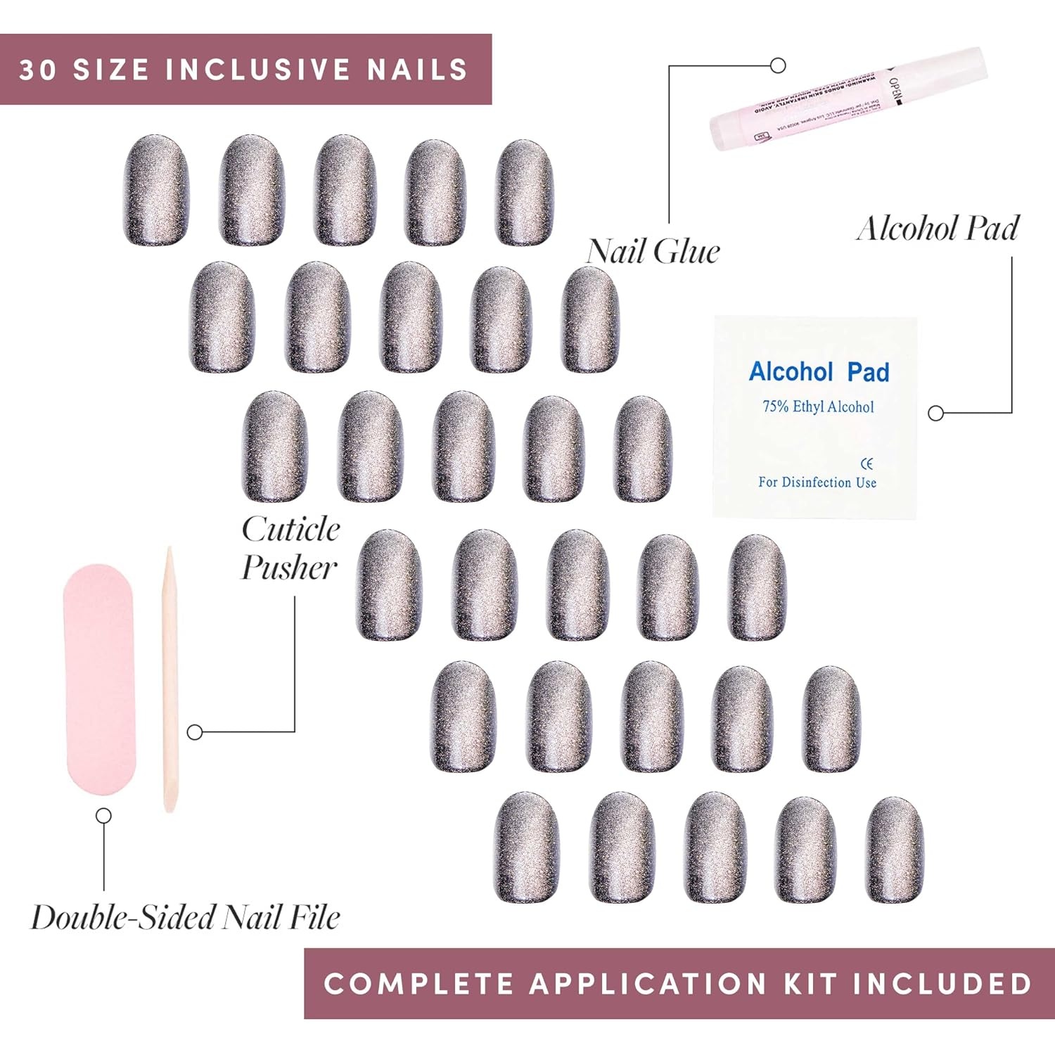 image:imageGlamnetic Press On Nails Medium Square Glossy Fake Nails 30 Pc Full KitGalactic Black and Silver CatEye
