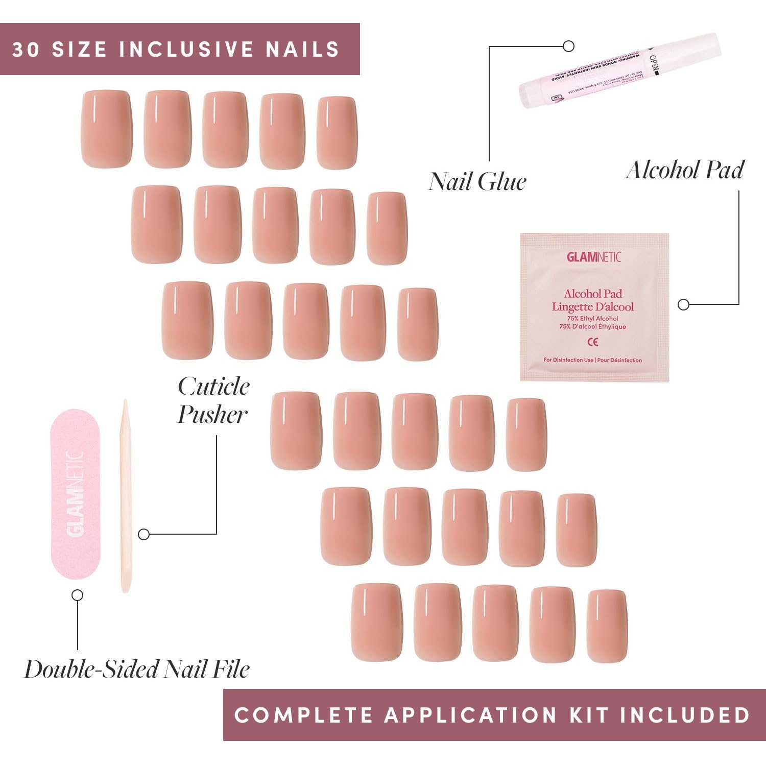 image:imageGlamnetic Press On Nails Medium Square Glossy Fake Nails 30 Pc Full KitIn The Nude Nude Pink Solid