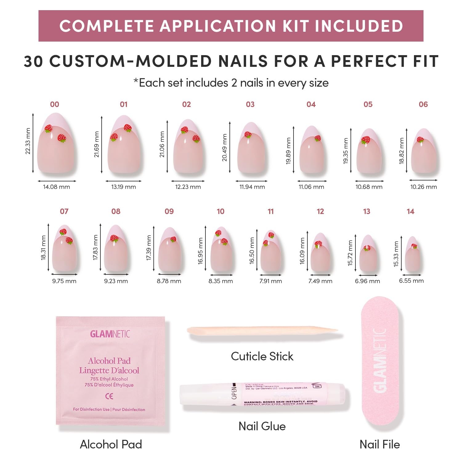 image:imageGlamnetic Press On Nails Short Almond Glossy Fake Nails 30 Pc Full Kit1G Strawberry Bits