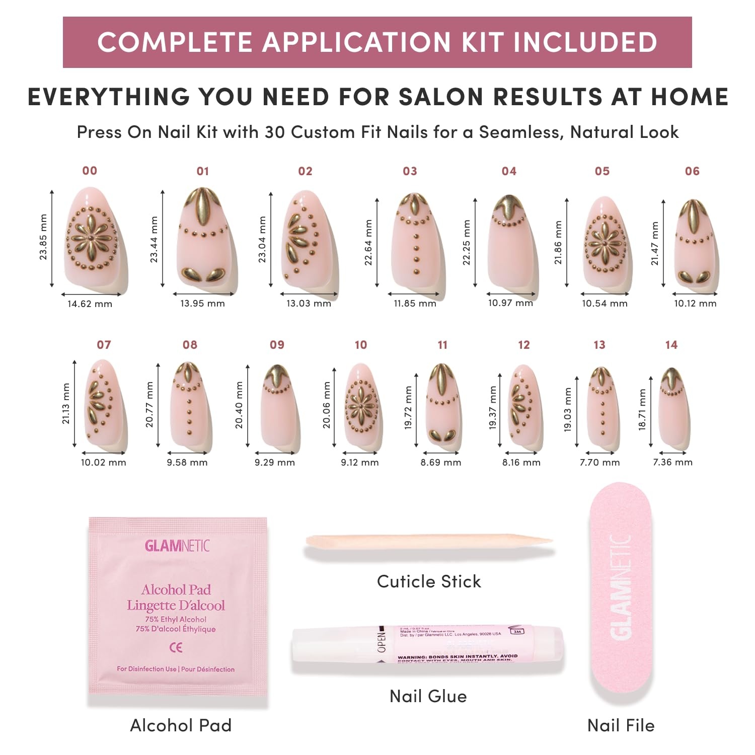 image:imageGlamnetic Press On Nails Short Almond Glossy Fake Nails 30 Pc Full Kit2C Athenian Gold