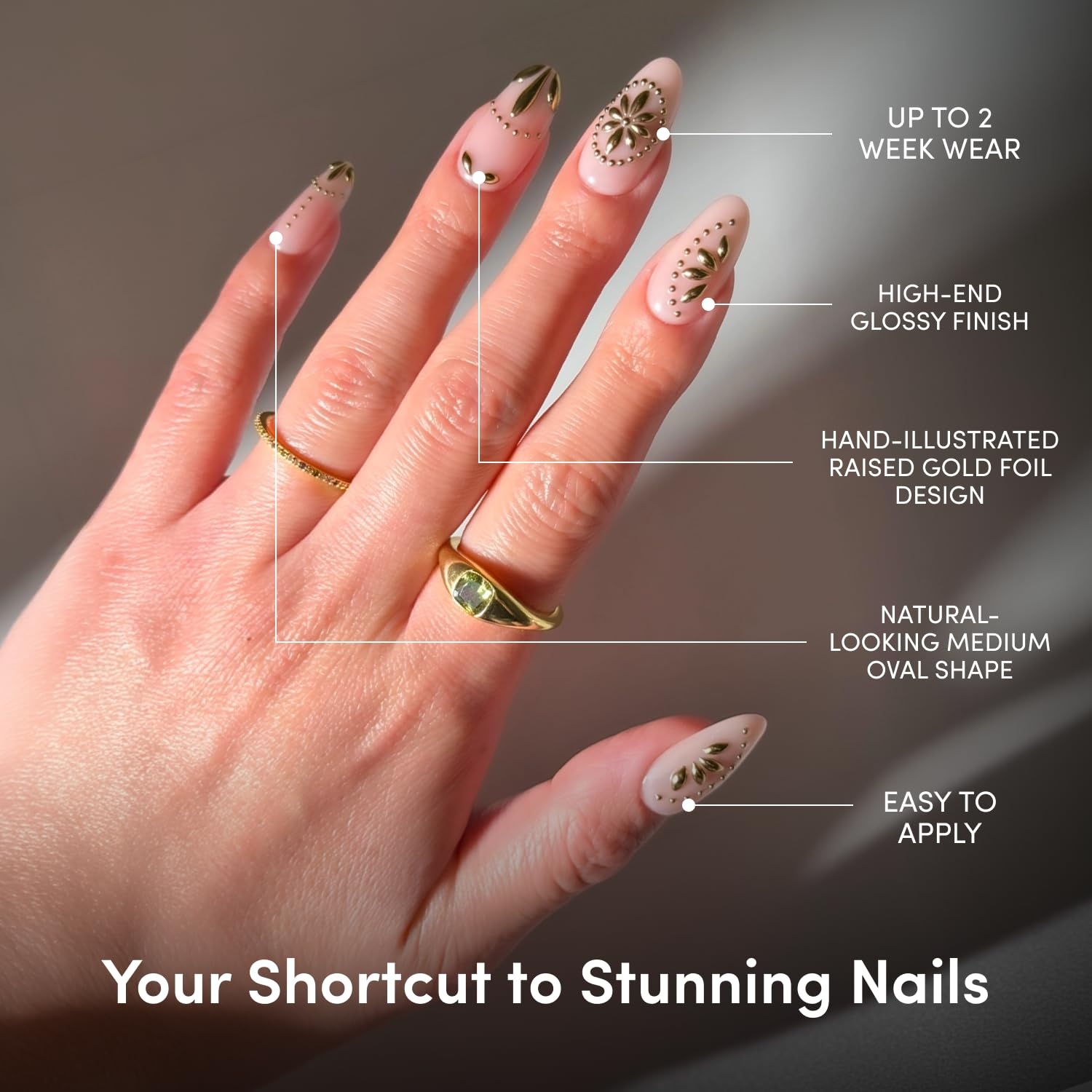 image:imageGlamnetic Press On Nails Short Almond Glossy Fake Nails 30 Pc Full Kit2C Athenian Gold