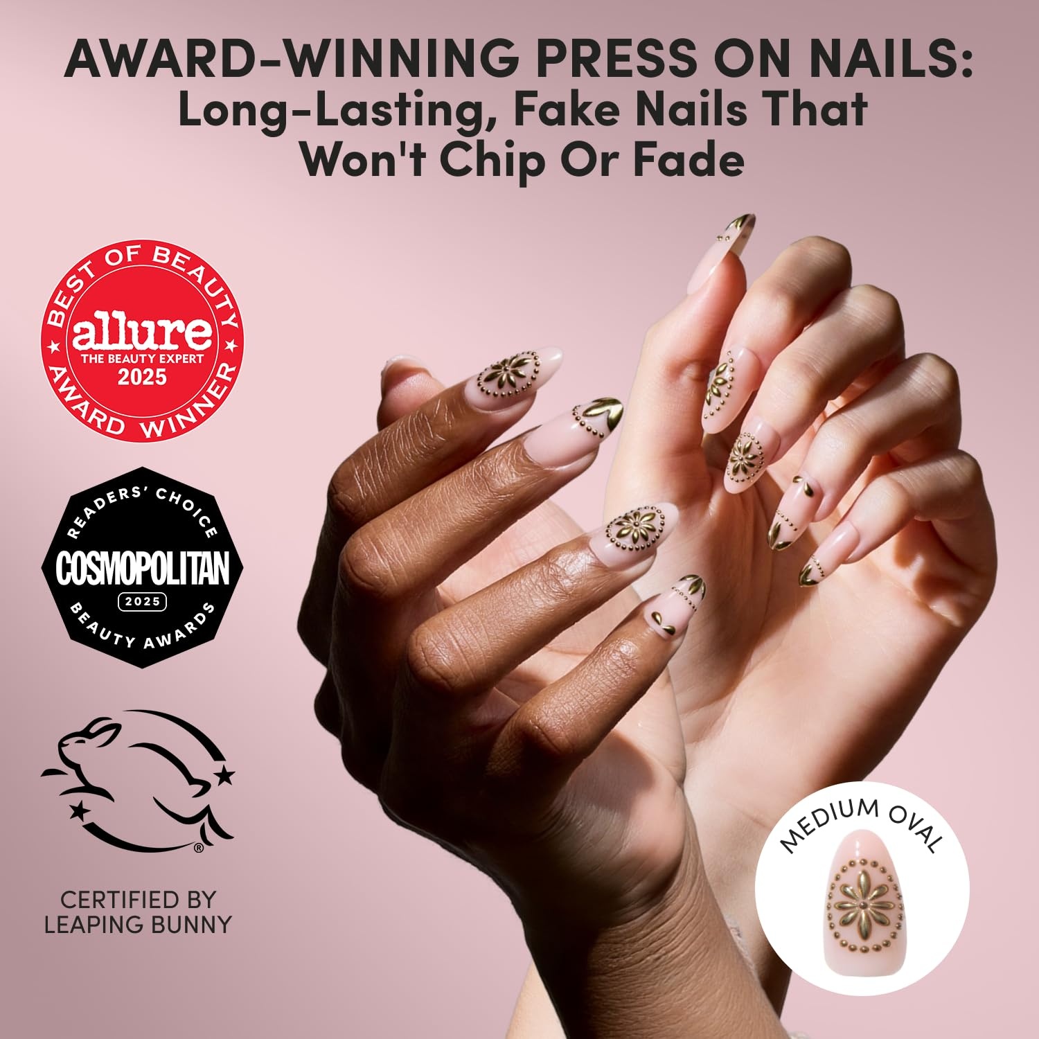 image:imageGlamnetic Press On Nails Short Almond Glossy Fake Nails 30 Pc Full Kit2C Athenian Gold
