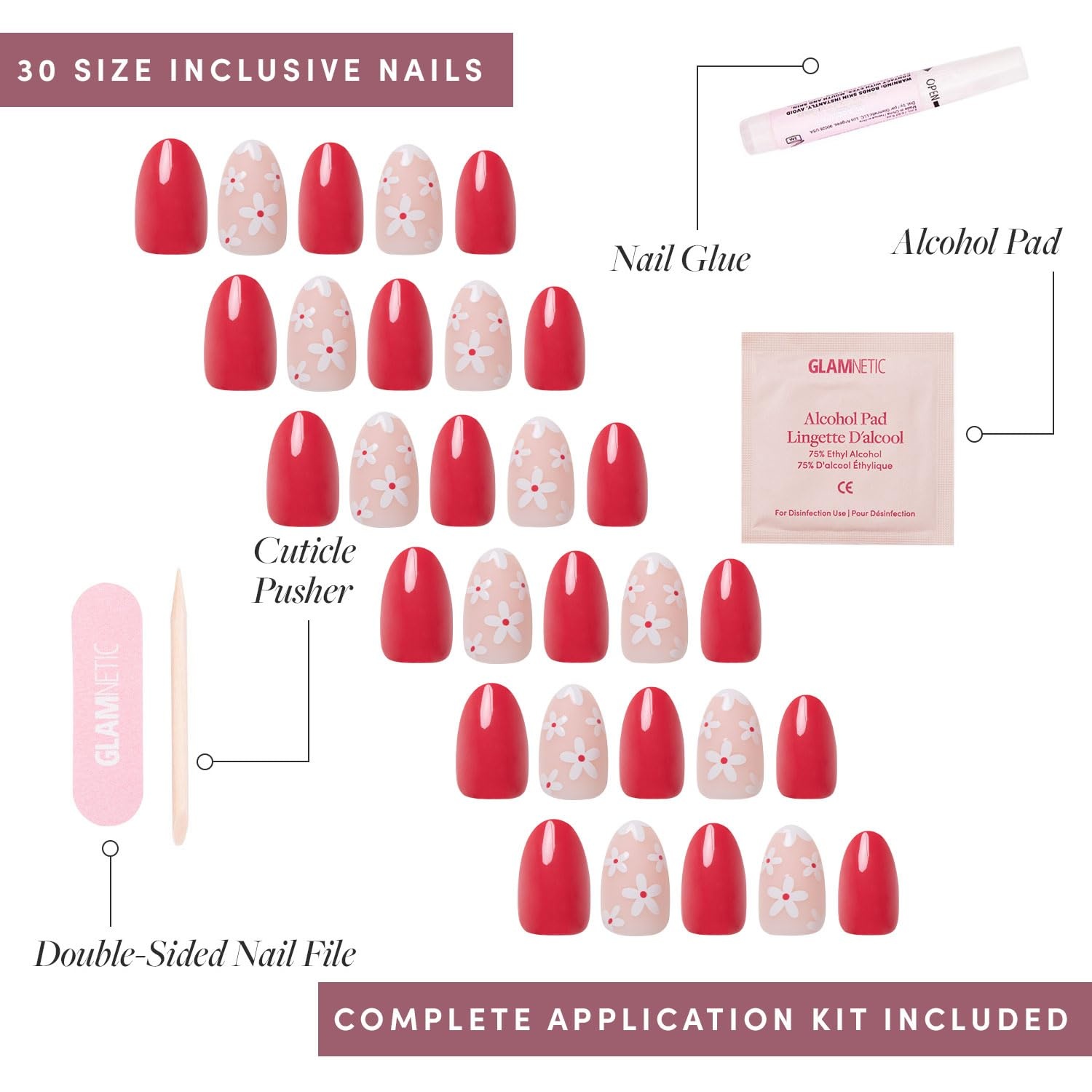 image:imageGlamnetic Press On Nails Short Almond Glossy Fake Nails 30 Pc Full Kit2I Red Blossom