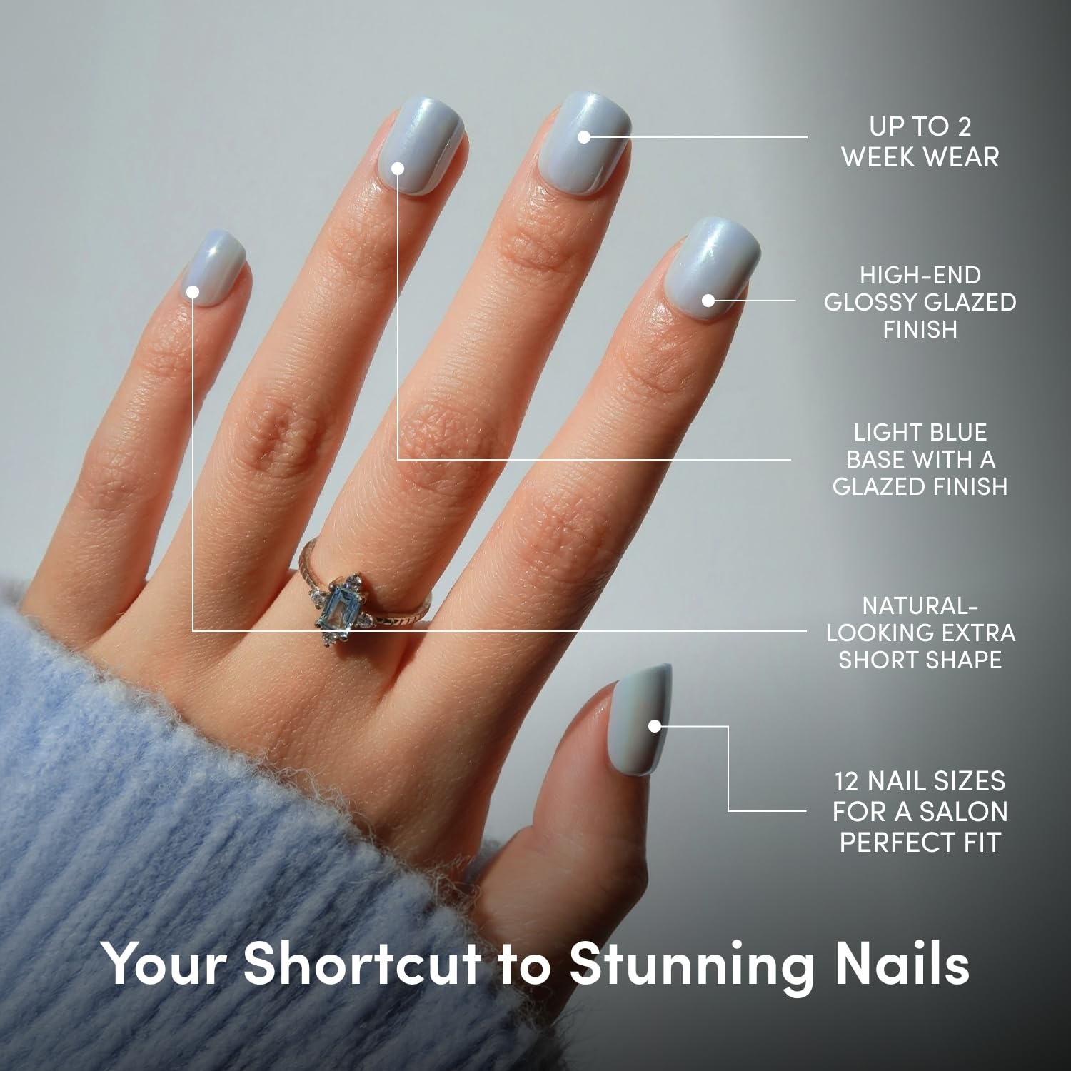 image:imageGlamnetic Press On Nails Short Almond Glossy Fake Nails 30 Pc Full Kit5C Clear Skies
