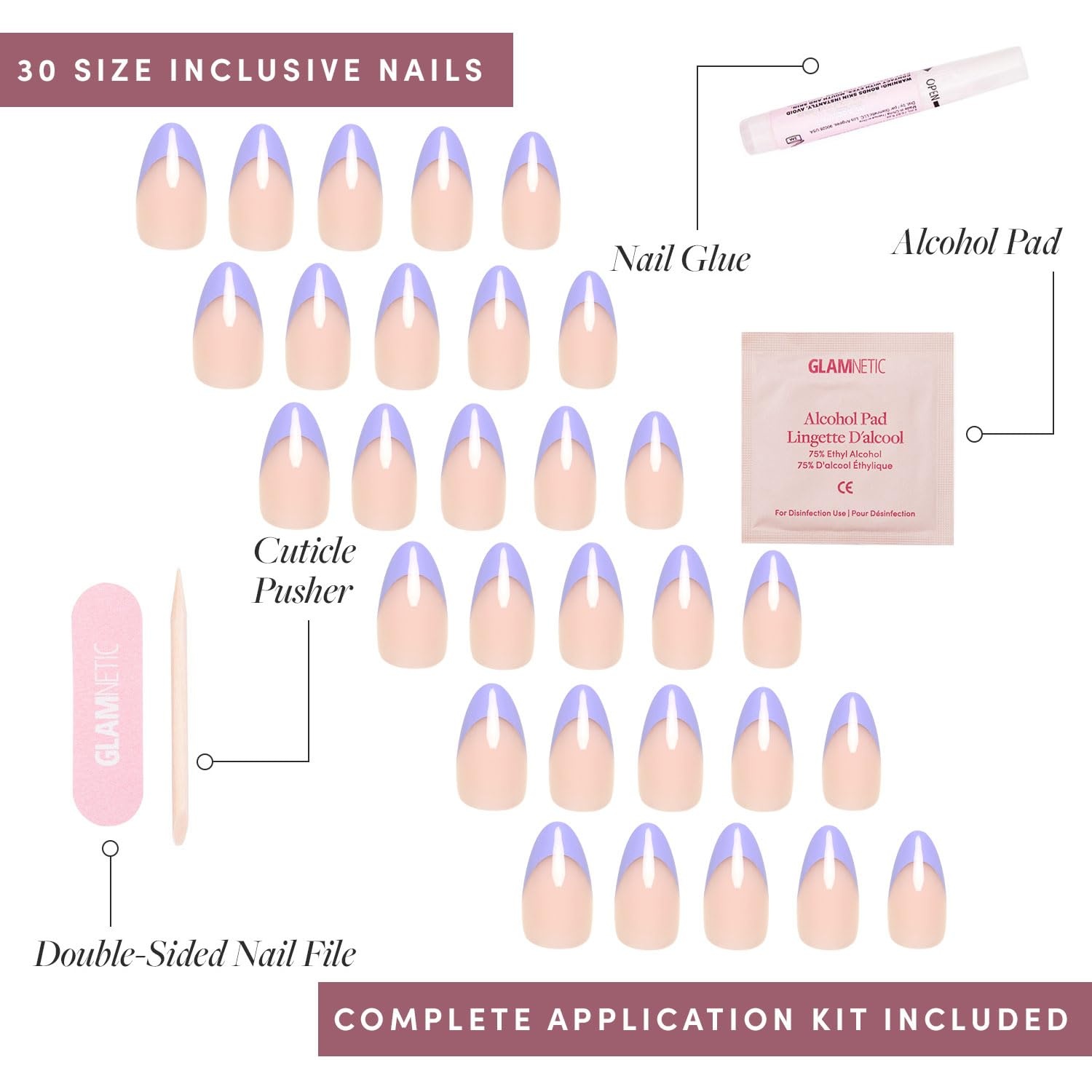 image:imageGlamnetic Press On Nails Short Almond Glossy Fake Nails 30 Pc Full Kit5O French Lilac