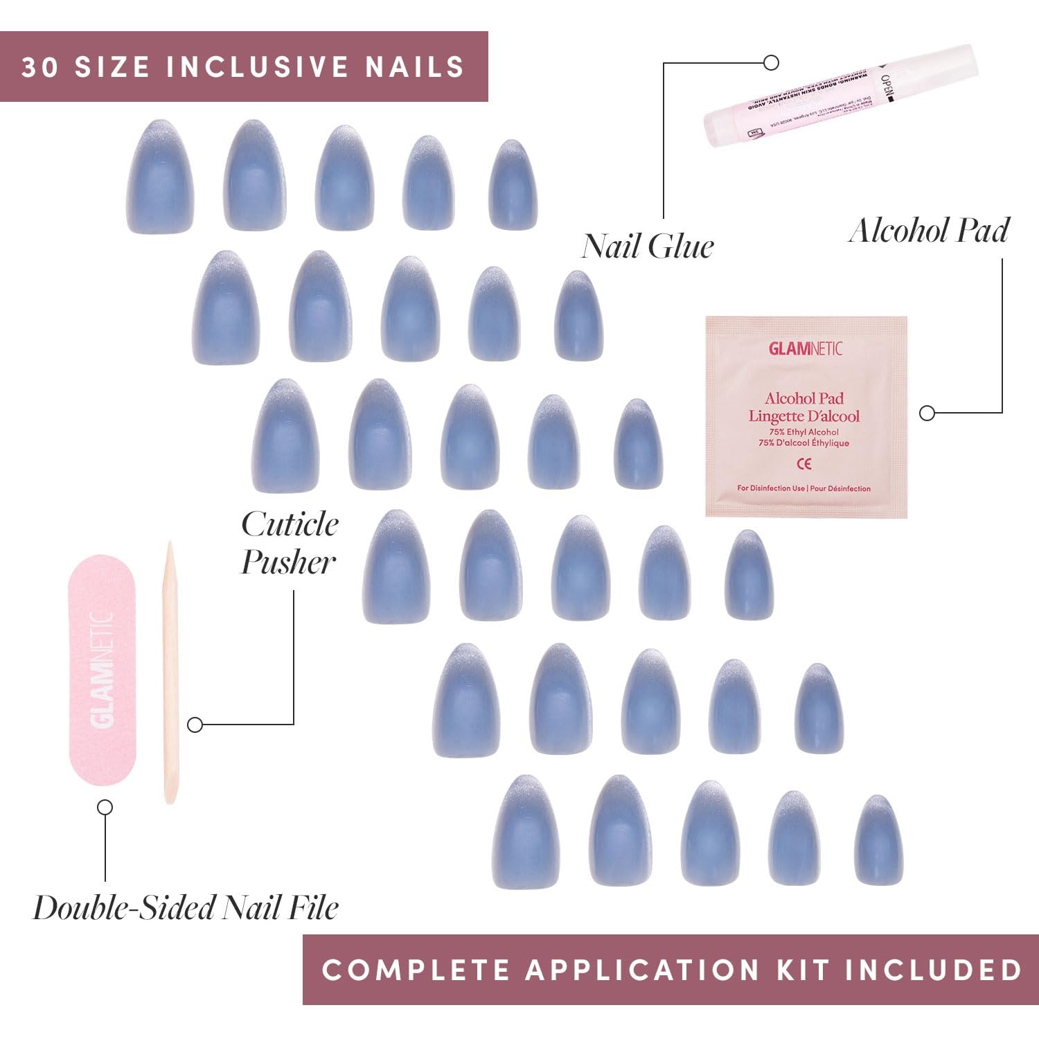 image:imageGlamnetic Press On Nails Short Almond Velvet Fake Nails 30 Pc Full Kit2O Baby Blues