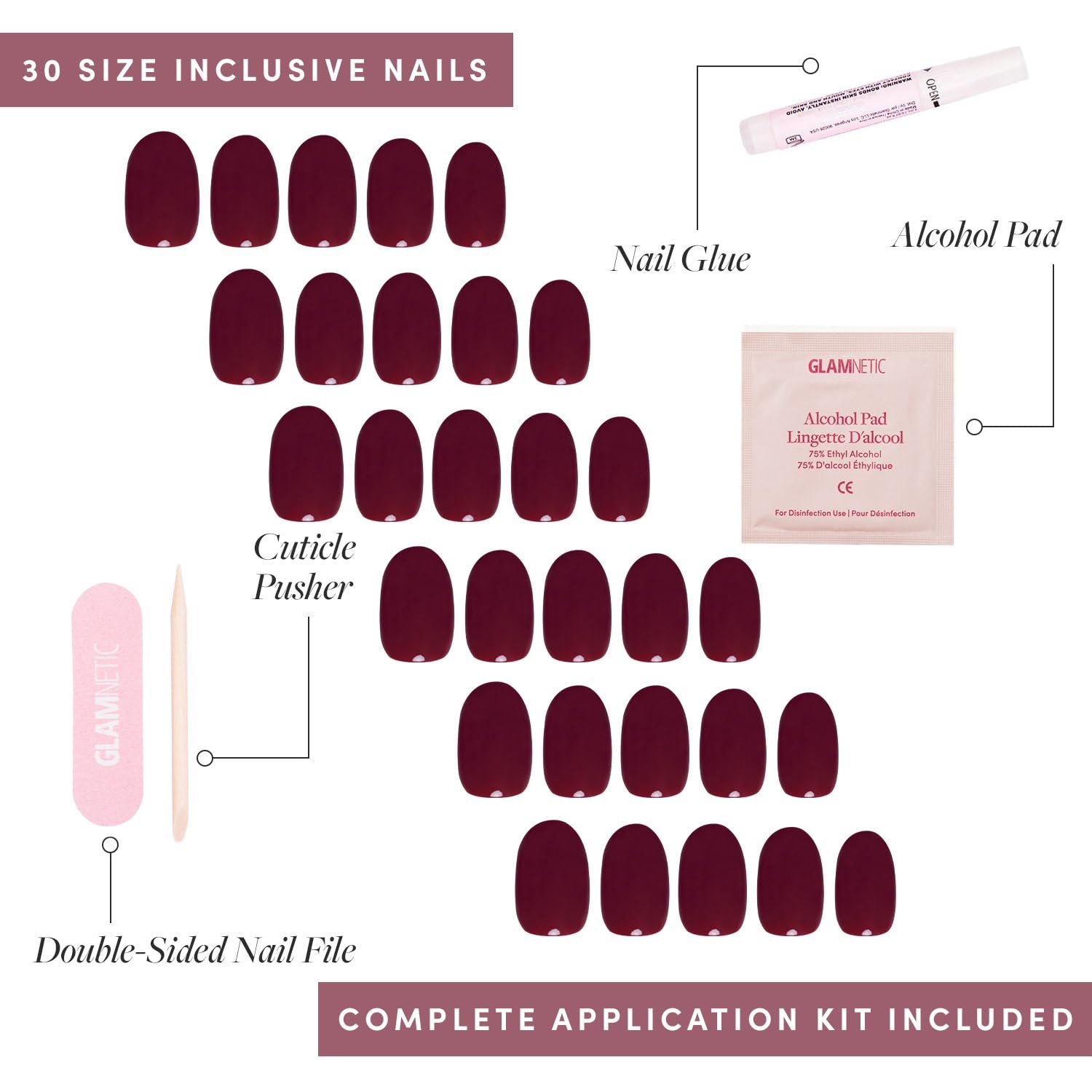 image:imageGlamnetic Press On Nails Short Oval Velvet Fake Nails 30 Pc Full Kit1D Berry Maroon