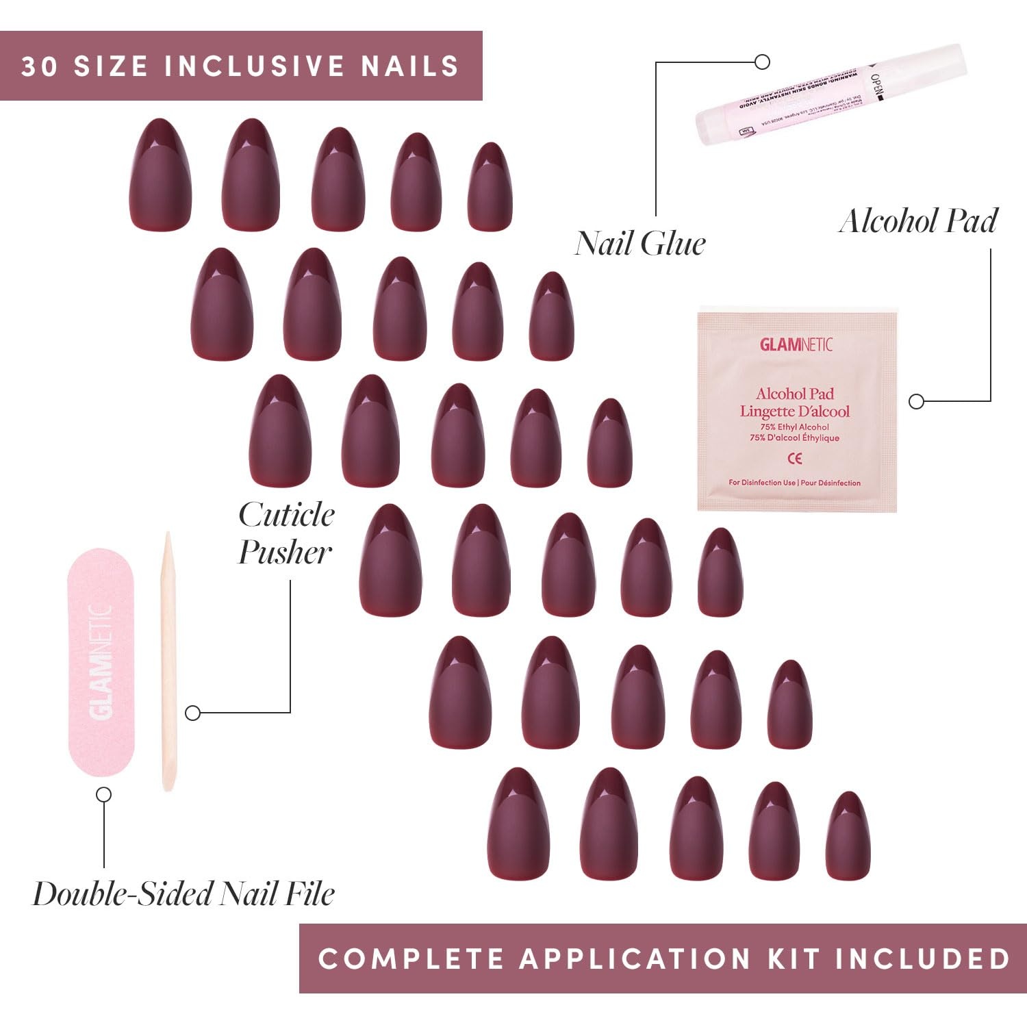 image:imageGlamnetic Press On Nails Short Oval Velvet Fake Nails 30 Pc Full Kit3J Merlot