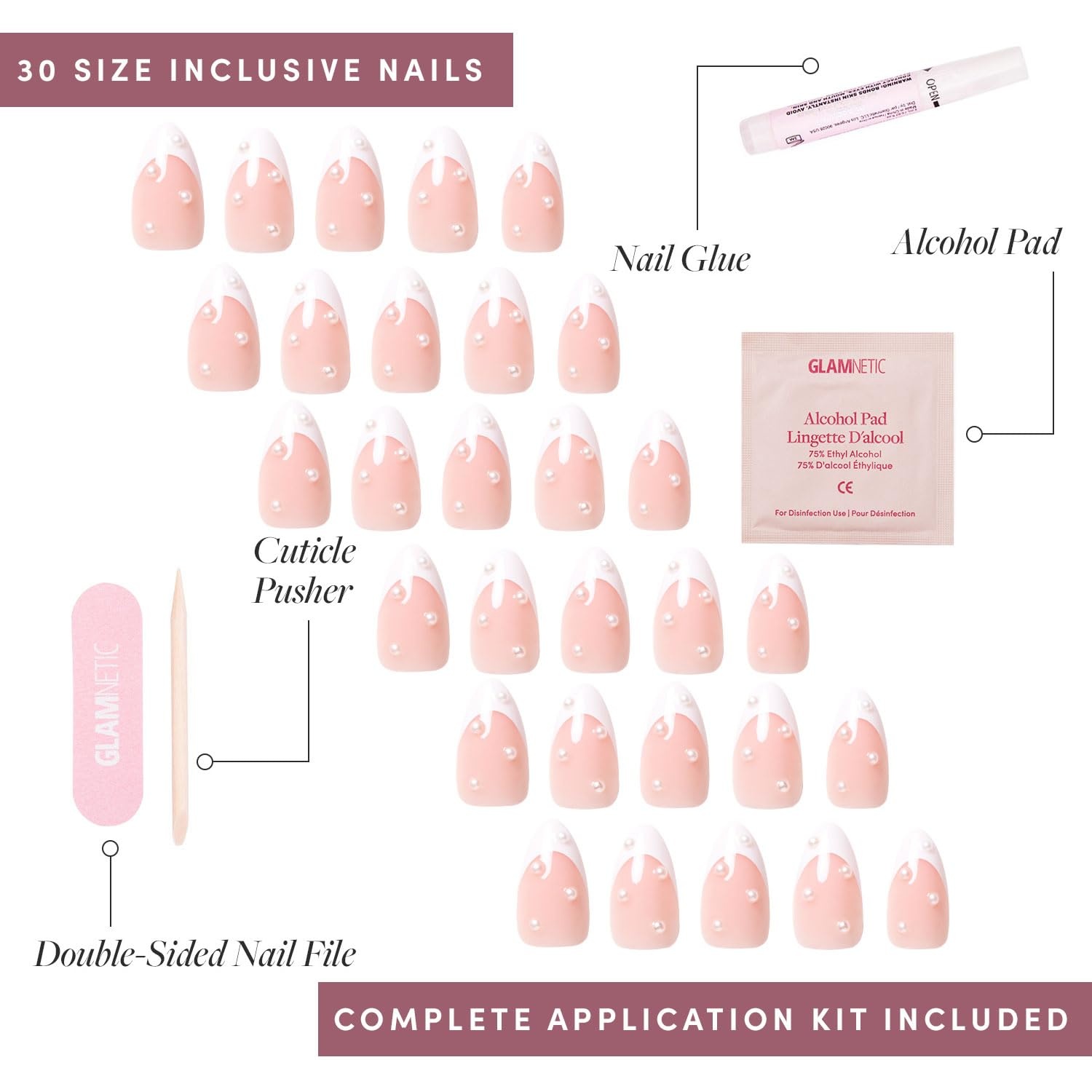 image:imageGlamnetic Press On Nails Short Oval Velvet Fake Nails 30 Pc Full Kit3N French Pearl
