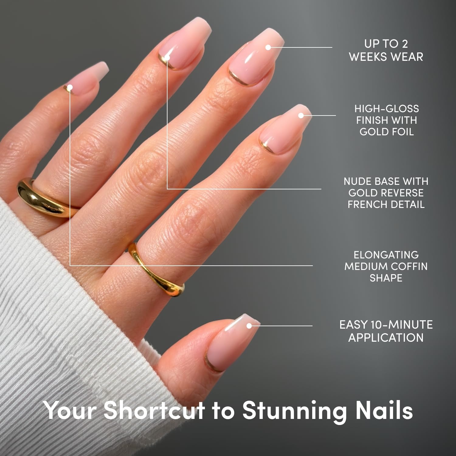 image:imageGlamnetic Press On Nails Short Round Glossy Fake Nails 30 Pc Full KitGold Goals Nude Reverse French Tip