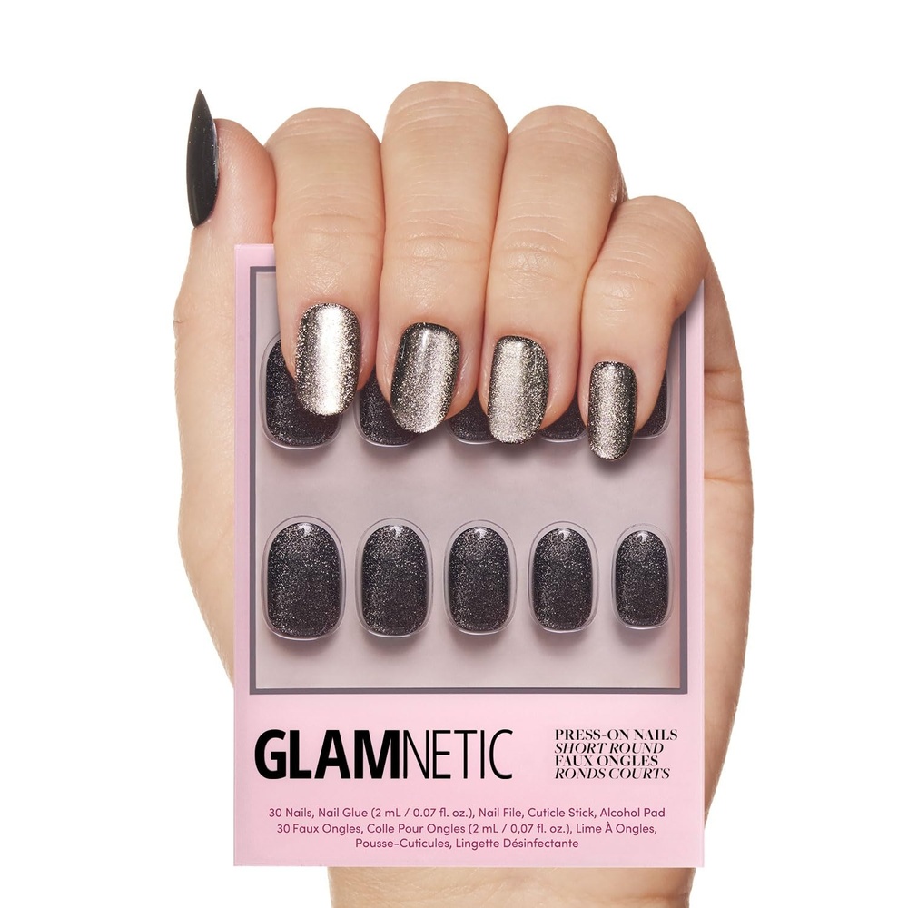 image:imageGlamnetic Press On Nails Medium Square Glossy Fake Nails 30 Pc Full KitGalactic Black and Silver CatEye