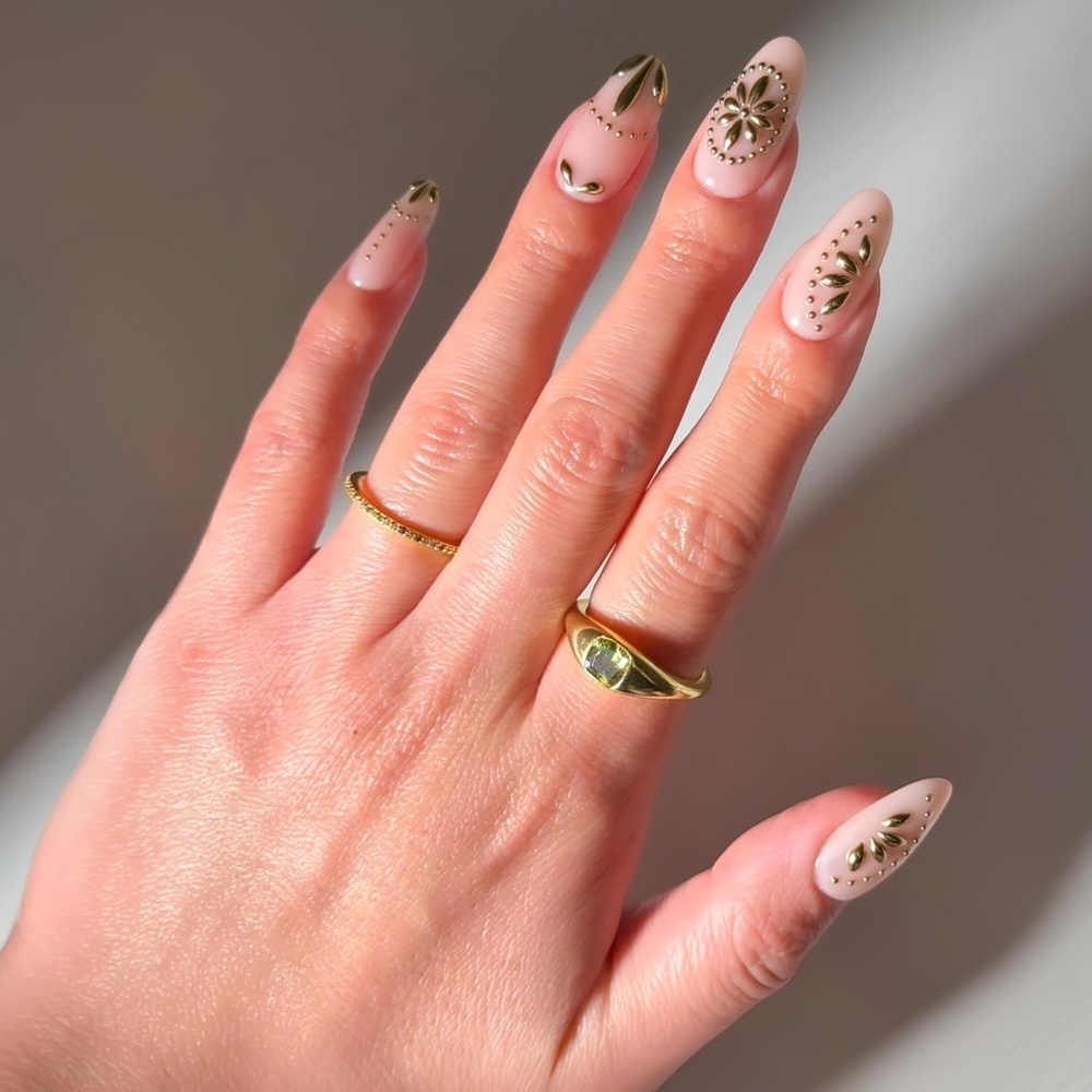 image:imageGlamnetic Press On Nails  Short Almond Glossy Fake Nails 30 Pc Full Kit2C  Athenian Gold