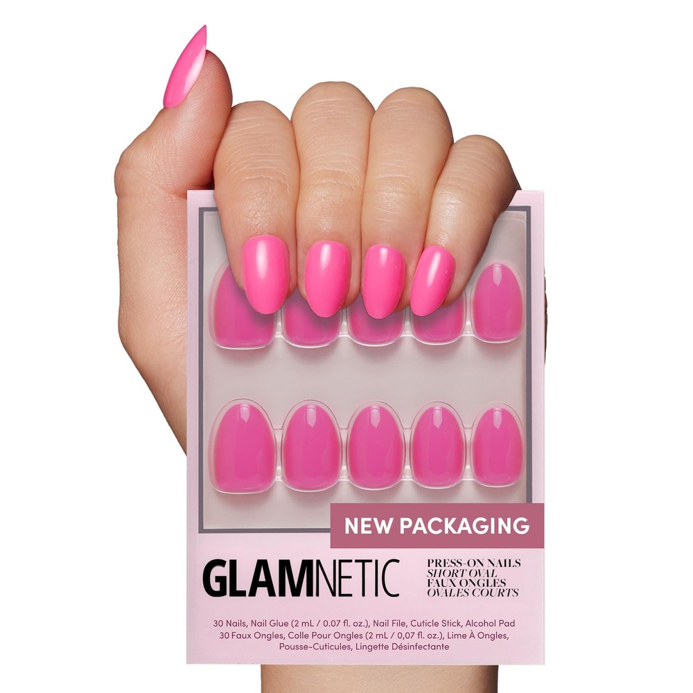 image:imageGlamnetic Press On Nails Short Oval Velvet Fake Nails 30 Pc Full Kit2H Hot Pink