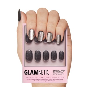 Glamnetic Press On Nails – Medium Square, Glossy Fake Nails 30 Pc Full Kit(Galactic – Black and Silver Cat-Eye)