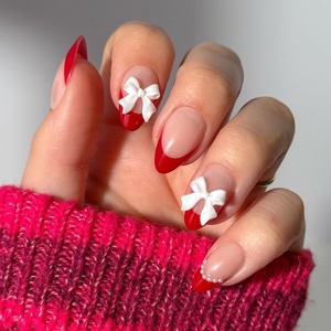 Glamnetic Press On Nails – Short Almond, Matte Fake Nails 30 Pc Full Kit(4E – Ruby Ribbons)