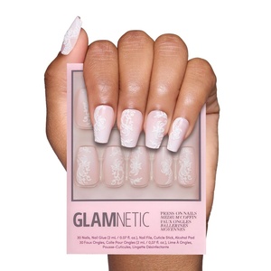 Glamnetic Press On Nails – Short Almond, Velvet Fake Nails 30 Pc Full Kit(4A – Lace Blush)
